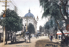 横浜正金銀行本店が建てられ賑わいを増す馬車道（1907年頃）の様子で、街路樹が大きく茂っている。（神奈川県立歴史博物館所蔵）